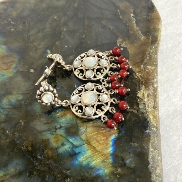 Sterling Silver 925 White Mother Of Pearl Red Beaded Chandelier Dangle Earrings - Picture 5 of 16